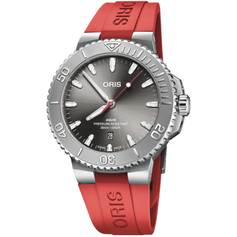 Aquis Date Relief Grey Dial Red Rubber Strap