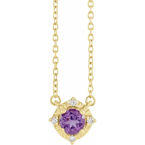 14K Yellow Natural Amethyst & .04 CTW Natural Diamond Halo-Style 18" Necklace