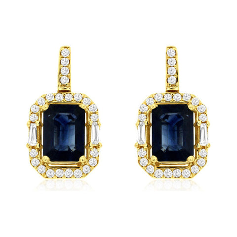 14k Yellow Gold Emerald Cut Sapphire and Diamond Earrings