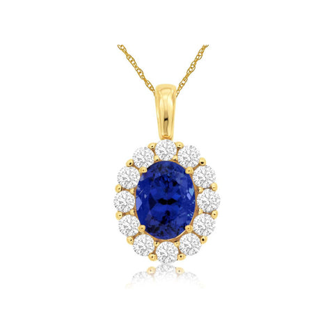14k Yellow Gold Oval Tanzanite and Diamond Halo Pendant