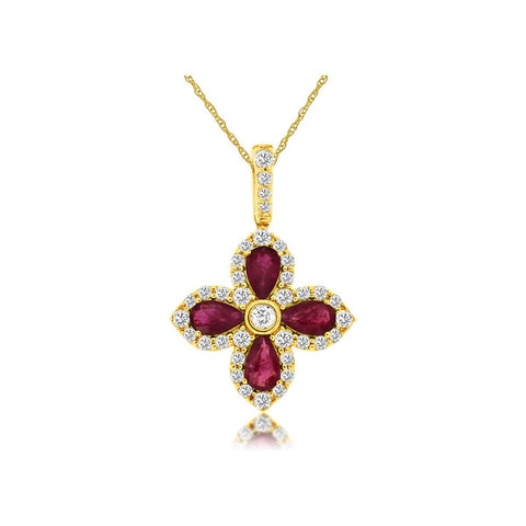 14k Yellow Gold Clover Ruby and Diamond Pendant