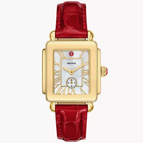 Deco Sport Mid Gold-Plated Ruby Red Leather Watch