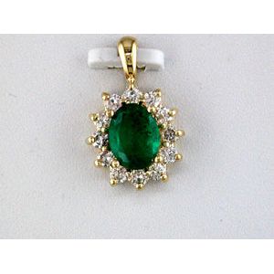 14k Yellow Gold Oval Emerald and Diamond Halo Pendant