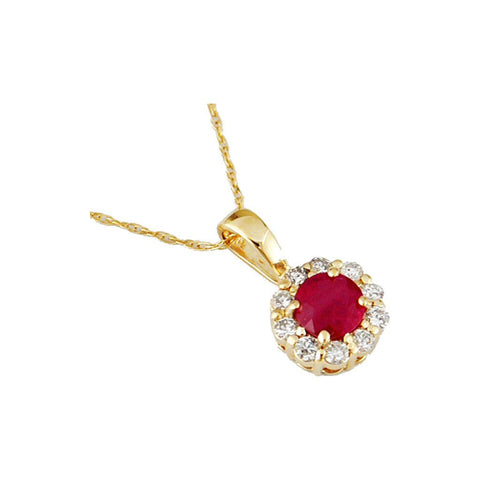 14k Yellow Gold Round Ruby and Diamond Pendant