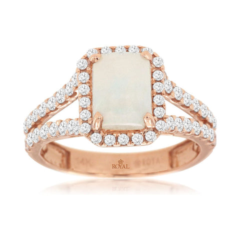 14k Rose Gold Elongated Cushion Opal and Diamond Ring