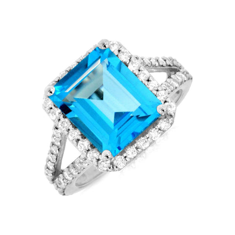 14k White Gold Cushion Cut Blue Topaz Ring With Halo