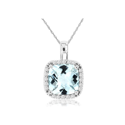 14k White Gold Cushion Aquamarine and Diamond Pendant