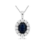 14k White Gold Oval Sapphire with Diamond Halo Pendant