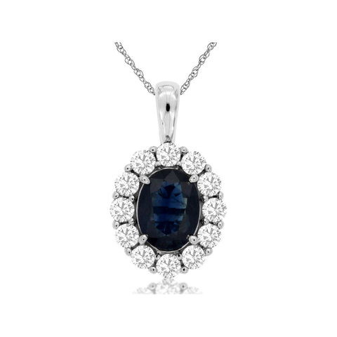 14k White Gold Oval Sapphire with Diamond Halo Pendant
