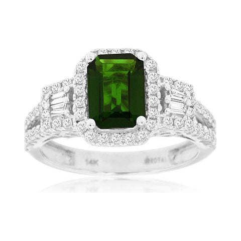 14k White Gold Emerald Cut Russalite and Diamond Ring