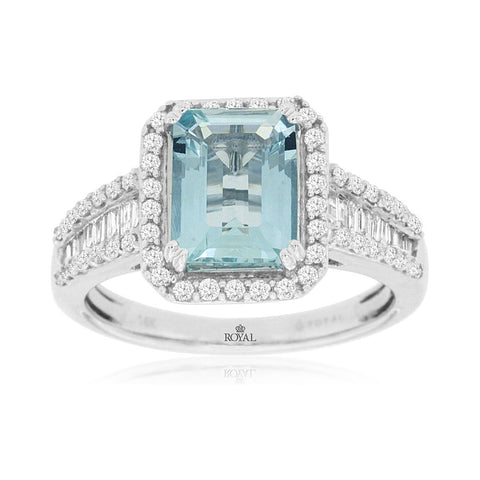 14k White Gold Emerald Cut Aquamarine Halo Ring