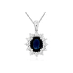 14k White Gold Oval Sapphire and Diamond Halo Pendant