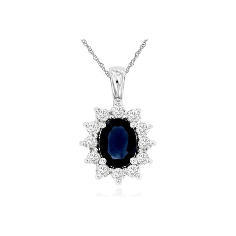 14k White Gold Oval Sapphire and Diamond Halo Pendant