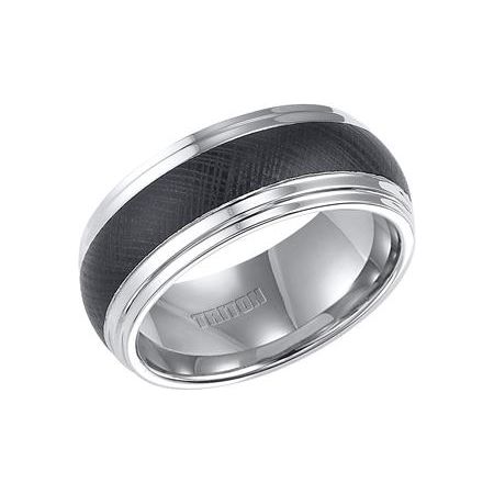 Black and White Domed Double Step Edge Tungsten Carbide Comfort Fit Band