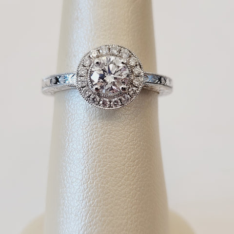 Round Halo Hand Engraved Engagement Ring