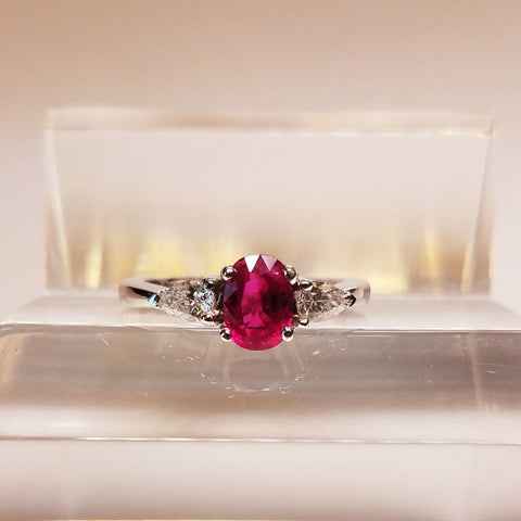 Oval Ruby & Diamond 3 Stone Engagement Ring