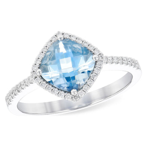 Checkerboard Aquamarine with Diamond Halo Ring