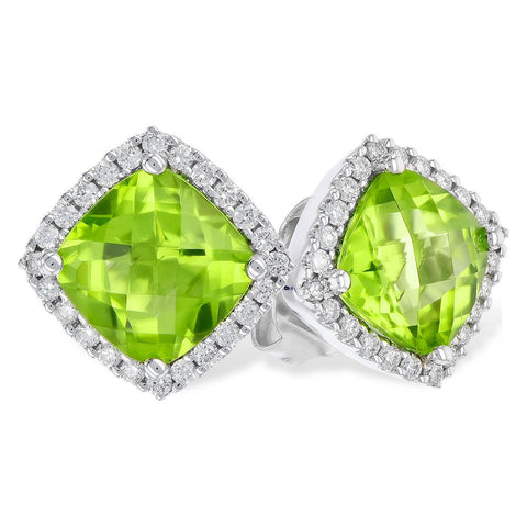 Checkerboard Peridot with Diamond Halo Studs