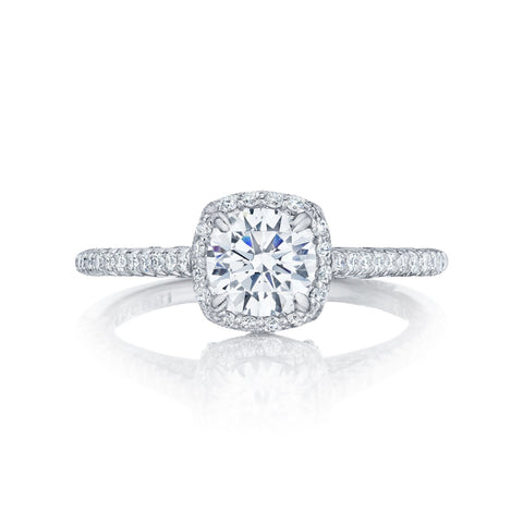 18k White Gold Petite Crescent Halo Engagement Ring