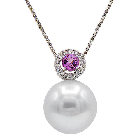 18k White Gold South Sea Pearl & Pink Sapphire Pendant