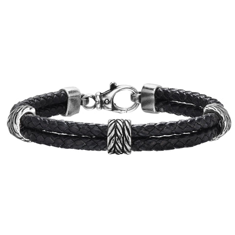 Sterling Silver Men's Textured Leather Double Strand Bracelet