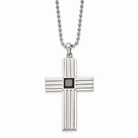 Stainless Steel Brushed And Polished With Black CZ Cross Necklace