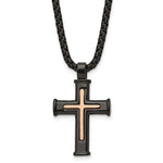 Stainless Steel Polished Black/Rose IP-Plated Cross 24in Necklace
