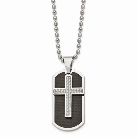 Stainless Steel Polished Blk/Grey Carbon Fiber Inlay Cross/DogTag Necklace