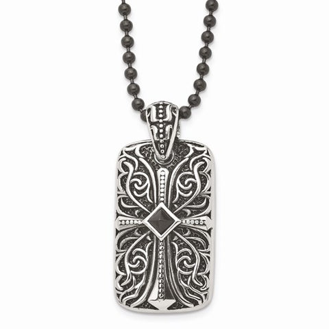 Stainless Steel Black Agate Dog Tag Pendant Necklace